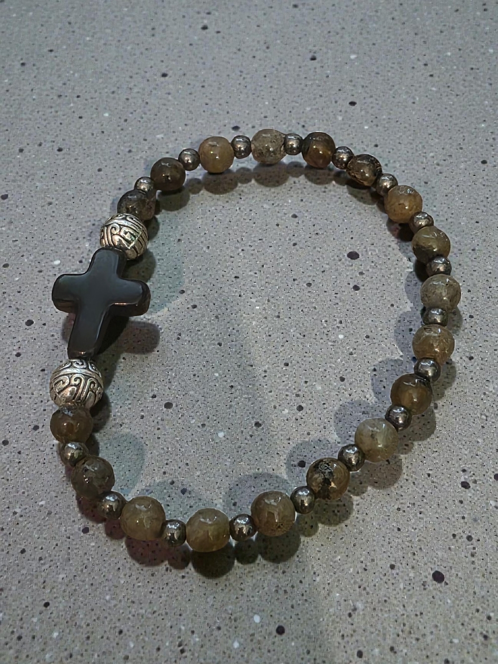 Natural Labradorite & Black Cross Beaded Stretch Bracelet